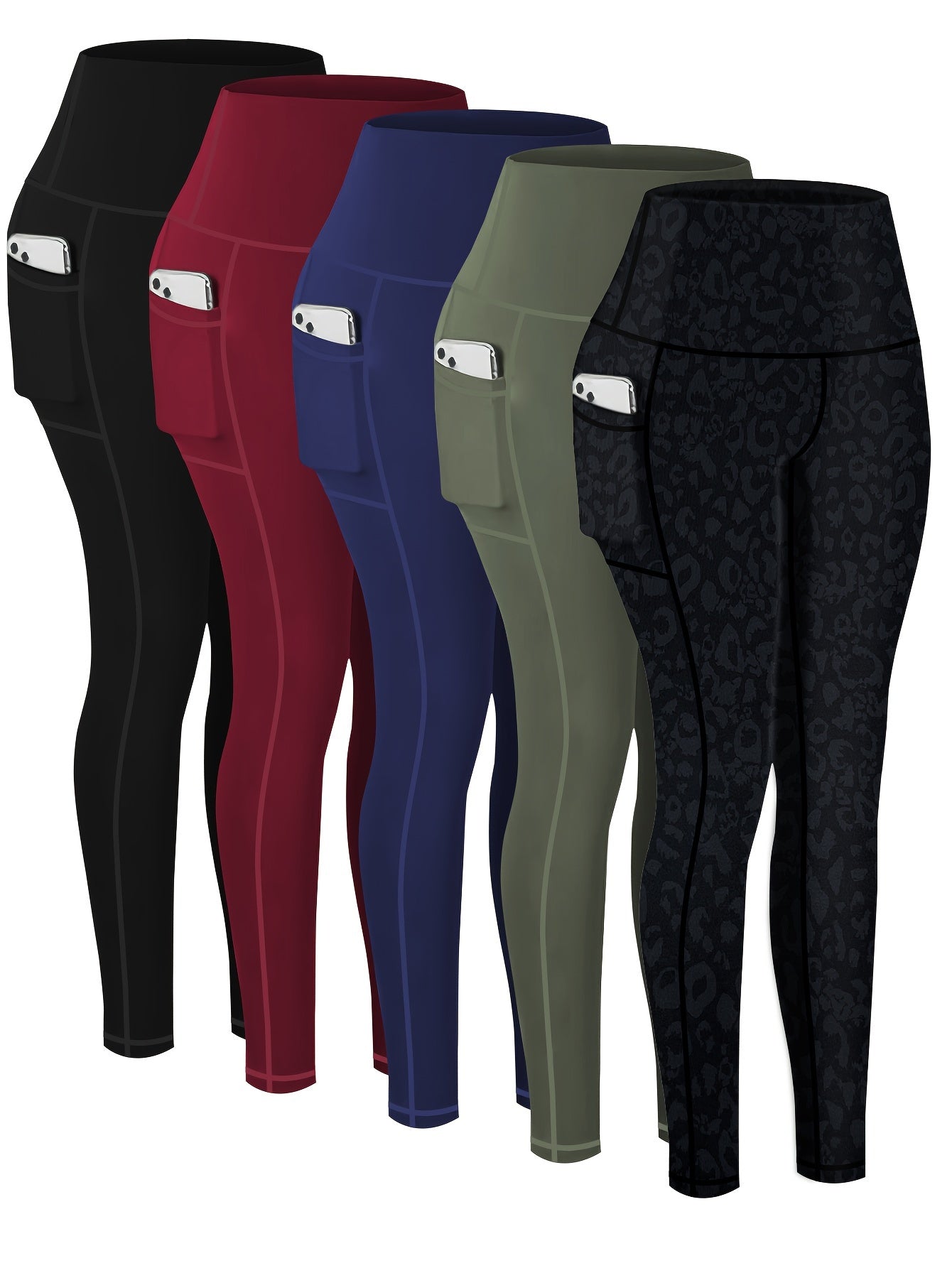 5-Piece Women's Printed Compression Yoga Pants – 7/8 Nine-Point Fitness Running Leggings with Leopard Camo & Solid Patterns, High-Waist Athletic Tracksuit Bottoms for Gym Workout, S-XXL