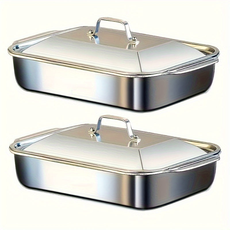 Stainless Steel Baking Pan Set 4-Piece – 2 Deep Roasting Pans & 2 Lidded Pans with Handles, 6-Liter 16.14-Inch Rectangular Baking Dish for Turkey, Lasagna, Fish & Chicken, Dishwasher Safe