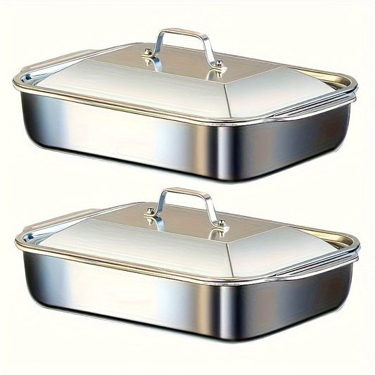 Stainless Steel Baking Pan Set 4-Piece – 2 Deep Roasting Pans & 2 Lidded Pans with Handles, 6-Liter 16.14-Inch Rectangular Baking Dish for Turkey, Lasagna, Fish & Chicken, Dishwasher Safe