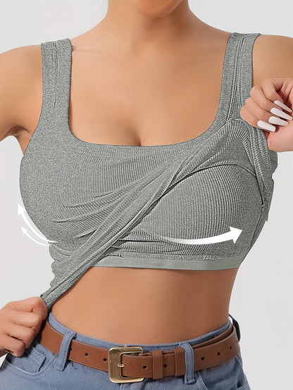 Women's Scoop Neck Tank Top Removable Chest Padding Slim Fit Casual Summer Sleeveless Top 8 Colors XS-XL Built-In Bra
