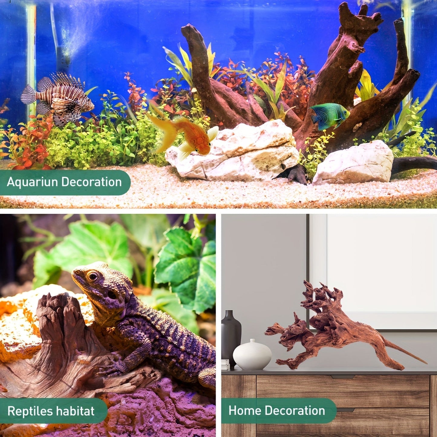 Natural Sinking Driftwood for Aquarium Decor – 3pcs Large Real Wood Fish Tank Decoration for Freshwater, Reptile & Terrarium, Fish-Safe Purple Teak Driftwood Set