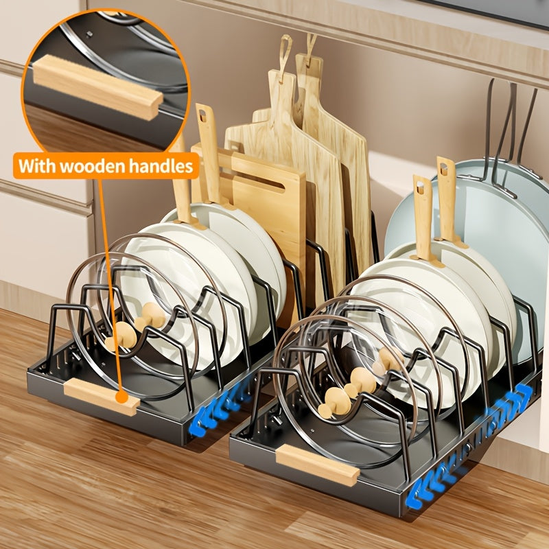 Pull-Out Pot & Pan Cabinet Organizer with Sliding Lid Rack – 8/16 Adjustable Dividers, Drill-Free Install, Kitchen Sliding Storage Box for Lids, Baking Tools & Plates – 1pc or 2pcs, Black & White