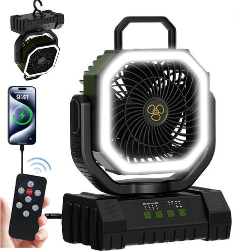 Battery Powered Camping Fan 20000mAh 59H Runtime – Rechargeable Portable Oscillating Fan with Remote, 4 Speeds, LED Light & Hook for Tent Outdoor Patio Garage Hurricane Power Outage