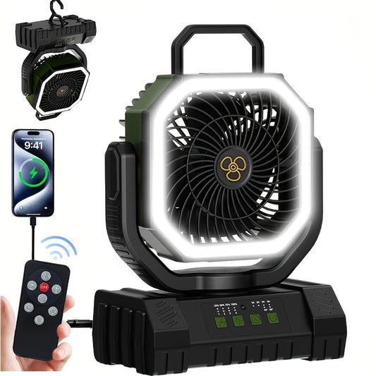 Battery Powered Camping Fan 20000mAh 59H Runtime – Rechargeable Portable Oscillating Fan with Remote, 4 Speeds, LED Light & Hook for Tent Outdoor Patio Garage Hurricane Power Outage