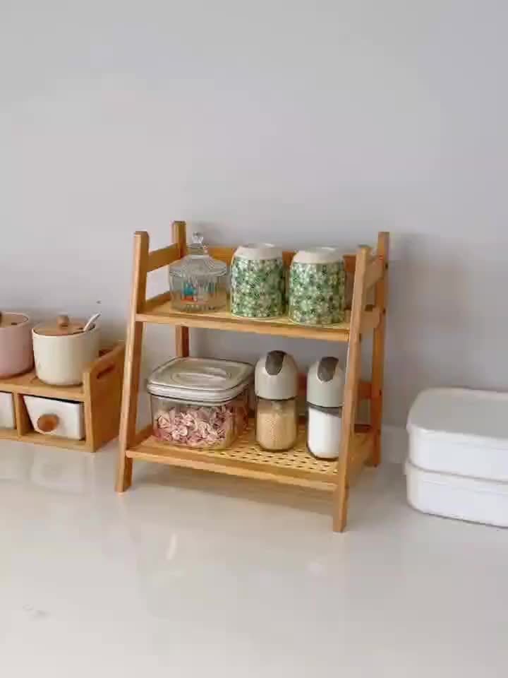 2-Tier Wooden Countertop Shelf Organizer Vintage Trapezoidal Design, Bamboo Desktop Storage Rack for Kitchen Office Bedroom, Space-Saving Counter Shelf for Coffee Cups Books Decor – 1 or 2 Pack, Large & Medium