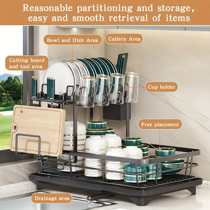 2-Tier Metal Dish Drying Rack with Cutlery Holder, Cup Holder & Rust-Proof Drip Tray – Space-Saving Countertop Dish Drainer for Kitchen Organization, Durable Steel Dish Rack for All Countertop Types