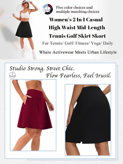 Women's 20-Inch Knee Length Skorts with 5 Pockets – High Waist Athletic Skirt with Built-In Shorts for Tennis, Golf & Pickleball, Long Activewear Skort, Sizes S-XXL, Multiple Colors