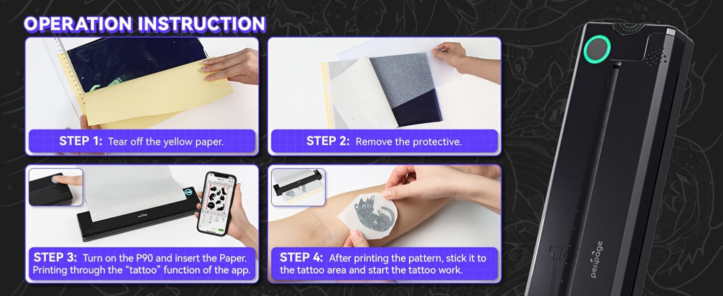Peripage P90 Tattoo Stencil Printer – Portable Thermal Printer for Tattoo Transfer Paper, Compatible with iOS Android & PC, Mini Wireless Printer Includes 5pcs A4 Transfer Paper, Gift for Tattoo Artists