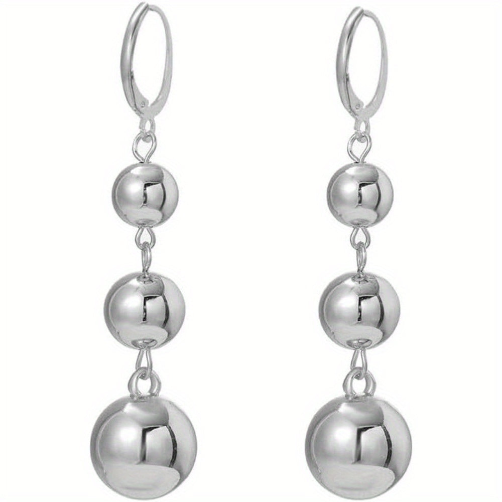 S925 Sterling Silver Triple Ball Drop Dangle Earrings for Women – Retro French Long Design, Elegant Vintage Style, Gold & Silver Tone