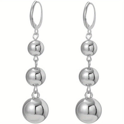 S925 Sterling Silver Triple Ball Drop Dangle Earrings for Women – Retro French Long Design, Elegant Vintage Style, Gold & Silver Tone