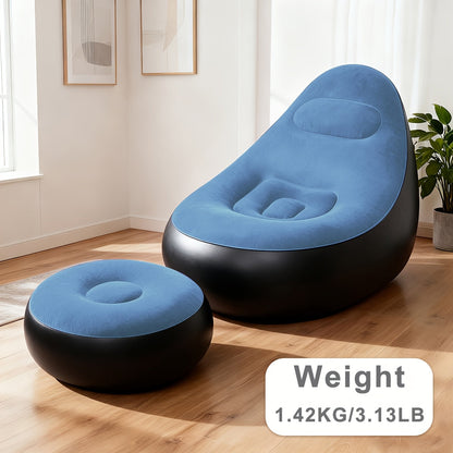Inflatable Sofa Set 2 Piece Adult Recliner Lounge Chair with Footstool Plush Fabric Heavy Duty Portable Folding Air Couch with Pump Indoor Outdoor Camping Beach Living Room Patio