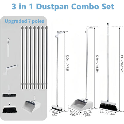 2-in-1 Broom and Dustpan Set Long Handle Foldable Non-Stick Hair Cleaning Hard Floor Sweeper Rotatable Combo for Home Living Room Bedroom Bathroom Outdoor