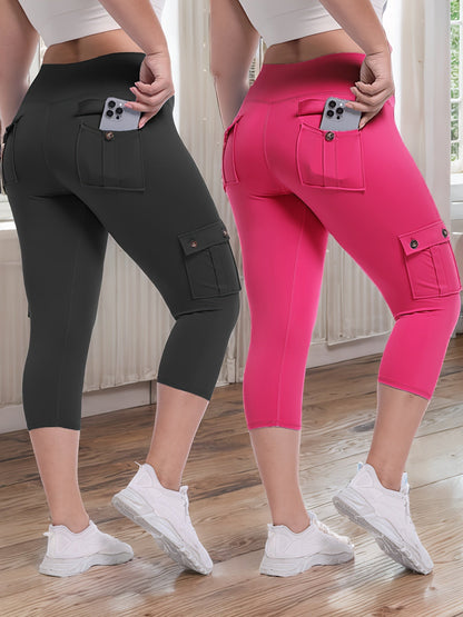 High Waist Yoga Capri Pants 2-Pack – Butt Lifting Tummy Control 4-Way Stretch Spandex Leggings with 4 Pockets, Three-Quarter Athletic Activewear for Women, 9 Color Sets, Sizes S-XXL