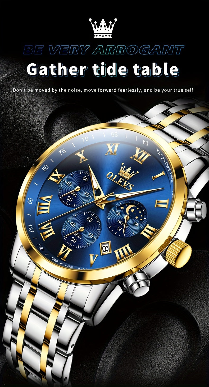OLEVS Men's Luxury Stainless Steel Watch – Chronograph, Roman Numerals, Moon Phase Display, Luminous Analog Quartz Dress Watch for Men, 8 Color Options, Perfect Business & Gift Watch
