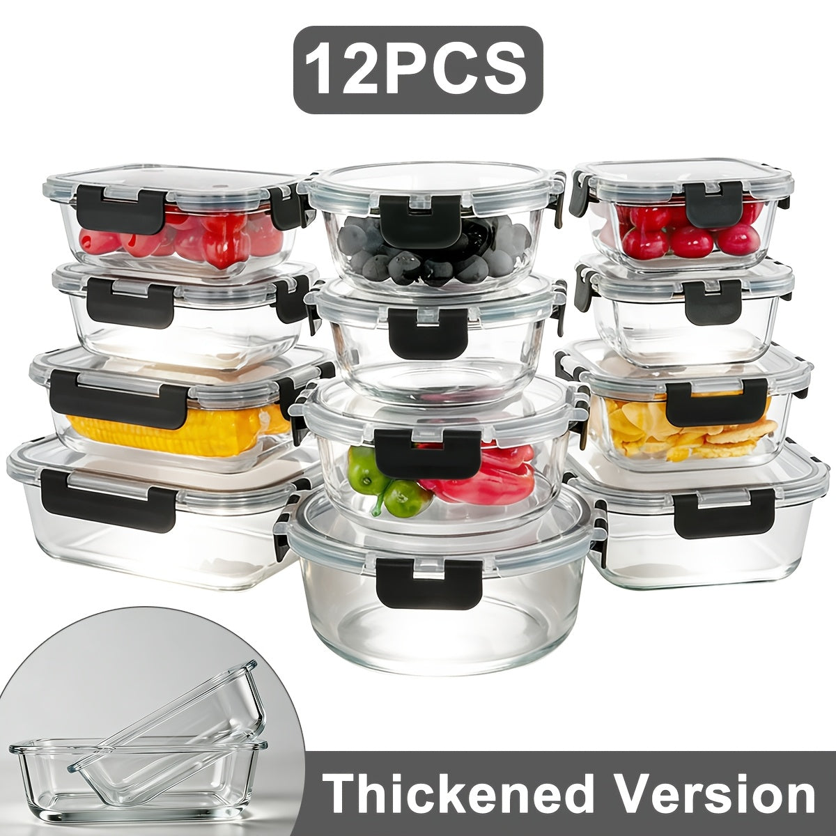 Glass Food Storage Containers with Lids 12-Piece Set, Airtight Leak-Proof Meal Prep Containers, Thickened Glass Lunch Bento Boxes Safe for Microwave Oven Freezer Dishwasher, Kitchen Pantry Organizer