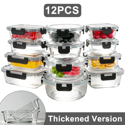 Glass Food Storage Containers with Lids 12-Piece Set, Airtight Leak-Proof Meal Prep Containers, Thickened Glass Lunch Bento Boxes Safe for Microwave Oven Freezer Dishwasher, Kitchen Pantry Organizer