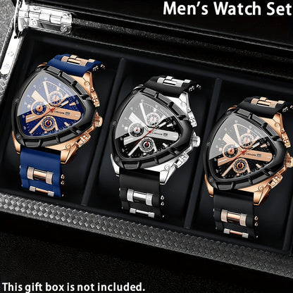 3pcs Men's Quartz Watch Set – Silicone Strap Date Display Triangular Dial, Fashion Sport Casual Wrist Watches for Men, Ideal Birthday Anniversary Gift Set