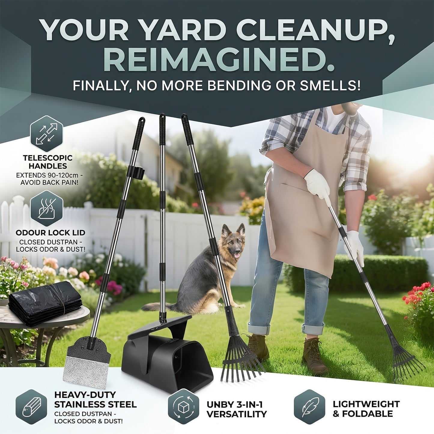 Dog Pooper Scooper Set Heavy Duty with Swivel Bin, Rake & Spade – Long Handle Pet Waste Removal Tool for Grass, Dirt & Gravel, Includes 40 Waste Bags, Great for Large Dogs