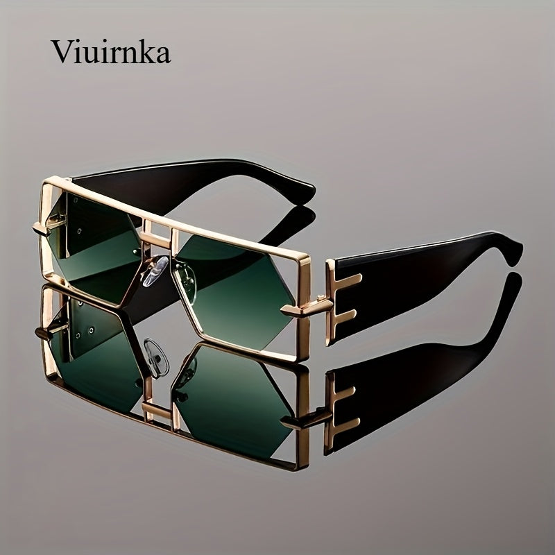 Oversized Hollow Square Sunglasses for Women & Men – UV Protection Metal Frame, PC Lens, Trendy Exaggerated Style, Beach Vacation & Summer Fashion Eyewear with Protective Case