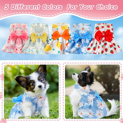 5pcs Dog Dress Set for Small Dogs Floral Princess Bow Puppy Dresses Soft Polyester Pet Costume for Yorkies Chihuahuas Cats Small Pets All Seasons 5 Cute Styles
