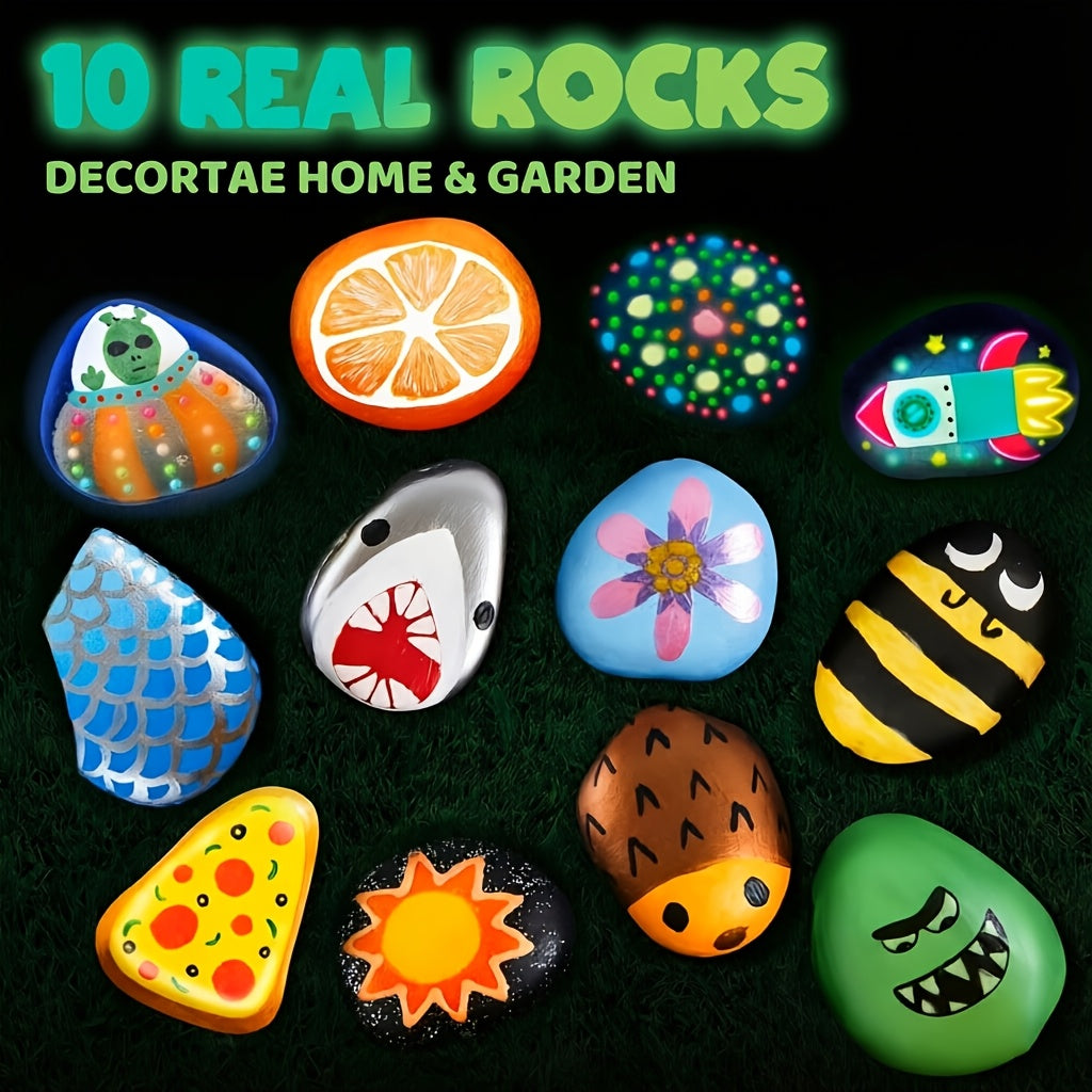Glow in the Dark Rock Painting Kit for Kids Ages 6+ – Complete Arts & Crafts Set with 10 Rocks, 17 Paints, Gems, Brushes & Stickers | STEM Creative Art Toy Gift for Boys & Girls, Birthday & Easter