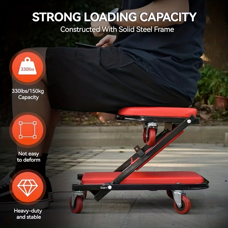 Mechanic Creeper Stool Z-Shape | Foldable 3-in-1 Crawler, Non-Foldable & Sliding Stool | 300LB Capacity, 6 Swivel Casters, Thick Padded Cushion – Garage Rolling Seat, Gift for Men – Red & Grey