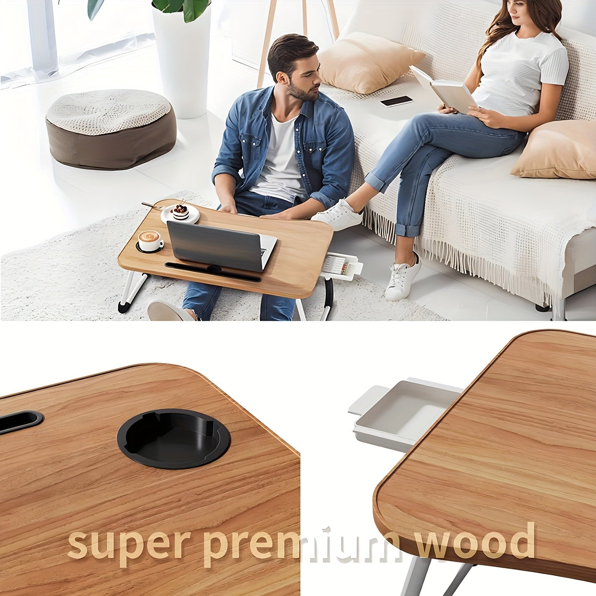 Lap Desk Bed Tray for Laptop & Eating – Large Breakfast Tray with Cup Holder & Drawer for Sofa Couch Floor Sitting, Study Reading Writing Portable Lap Table