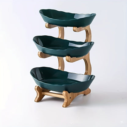 2-3 Tier Fruit Bowl Stand Kitchen Counter Organizer | Tiered Fruit Basket Bread Tray Candy Display | Space-Saving Countertop Storage | Easy Assembly | White Green | Birthday Housewarming Gift