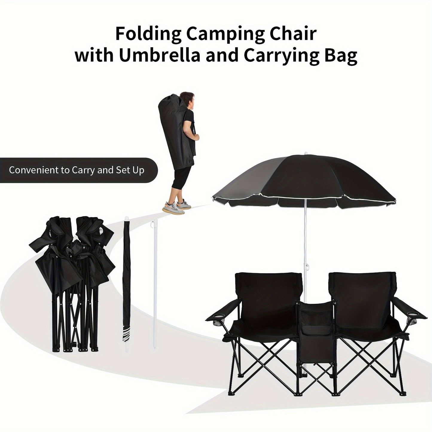 2-Person Folding Beach Chair Set with Umbrella, Table & Cooler Bag – Compact Collapsible Picnic Chair for Beach, Camping & Outdoor Outings, 270 lb Capacity Per Seat