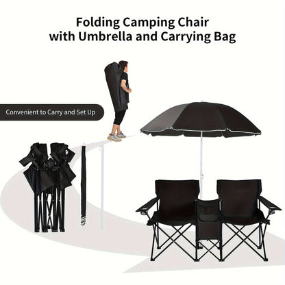 2-Person Folding Beach Chair Set with Umbrella, Table & Cooler Bag – Compact Collapsible Picnic Chair for Beach, Camping & Outdoor Outings, 270 lb Capacity Per Seat