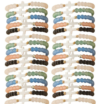 24pc Bohemian Cross Charm Bracelet Set – Colorful Elastic Stretch Bands with Resin & Glass Cross Charms, Bulk Pack for Daily Wear, Vacation, Parties & Holiday Gifting