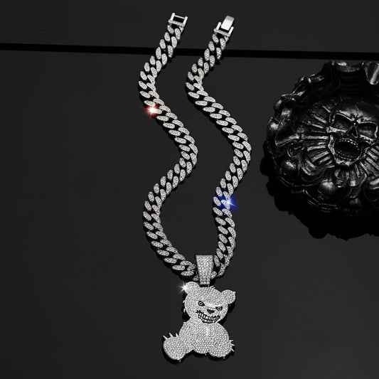 Hip Hop Bear Pendant Necklace 925 Silver Plated – Bold Streetwear Jewelry for Men & Women, 20-Inch Chain, Lightweight 1.4g, Perfect for Parties, Music Festivals & Daily Wear