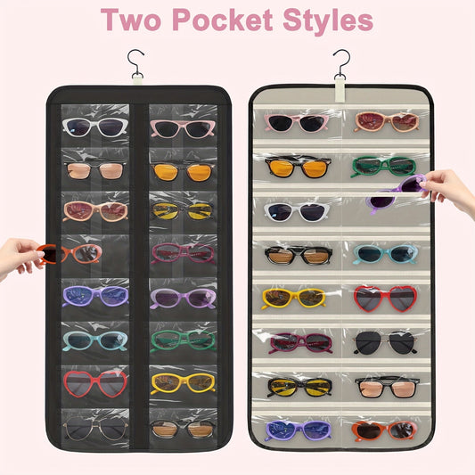 32-Slot Hanging Glasses Organizer – Double-Sided Wall Mount Sunglasses & Eyeglasses Holder with 360° Rotatable Hook, Dustproof Clear PVC Slots for Jewelry, Watches & Headbands, Travel Friendly