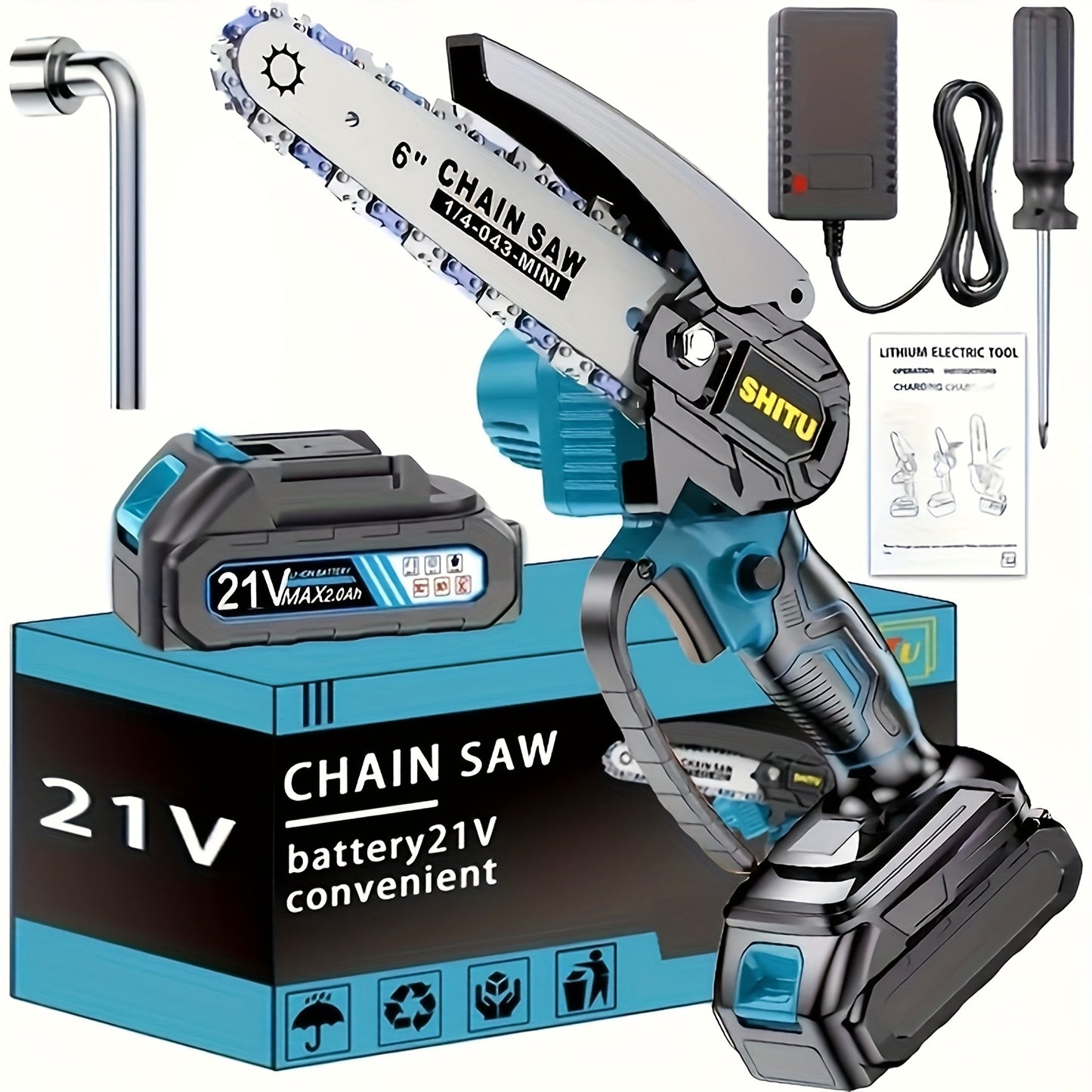 Mini Cordless Chainsaw Portable Handheld Electric Tree Cutter Splash Guard Security Lock Rechargeable for Garden Yard