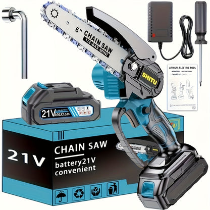 Mini Cordless Chainsaw Portable Handheld Electric Tree Cutter Splash Guard Security Lock Rechargeable for Garden Yard