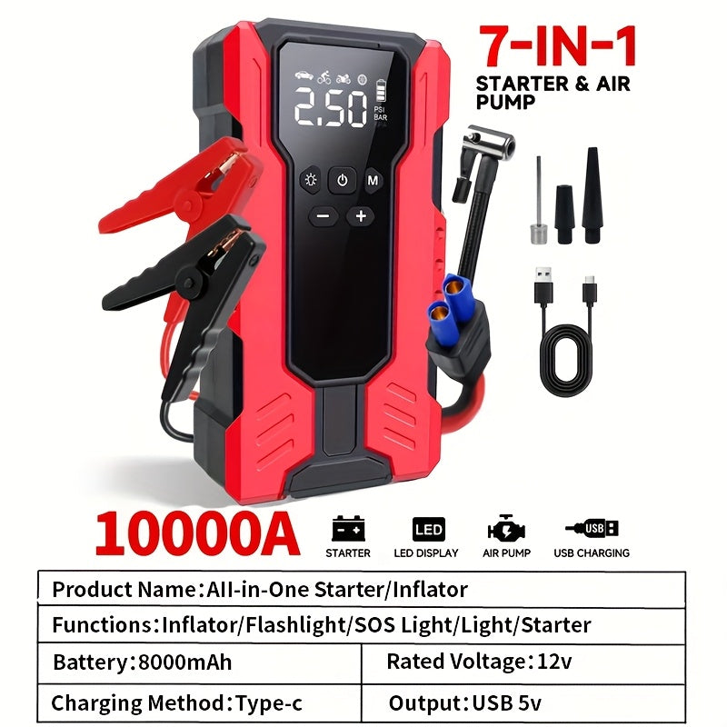 10000A Car Jump Starter 7-in-1 with 150PSI Air Compressor, Digital Tire Inflator, LED Emergency Light & USB Power Bank – Portable Battery Booster for Gas & Diesel Vehicles – Velora