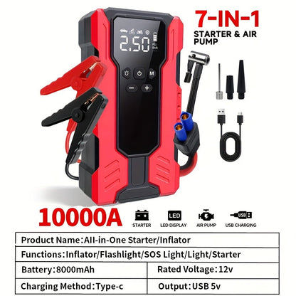 10000A Car Jump Starter 7-in-1 with 150PSI Air Compressor, Digital Tire Inflator, LED Emergency Light & USB Power Bank – Portable Battery Booster for Gas & Diesel Vehicles – Velora