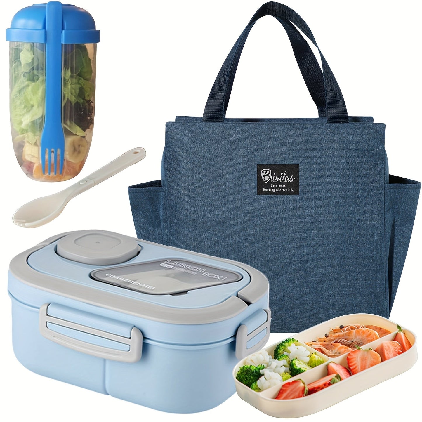 2-Layer Bento Lunch Box Set with Cup & Insulated Lunch Bag – Multi-Grid Leakproof Food Container for School, Office & Picnic, Choose Salad, Coffee, Milk or Soup Cup, Pink Green Blue White