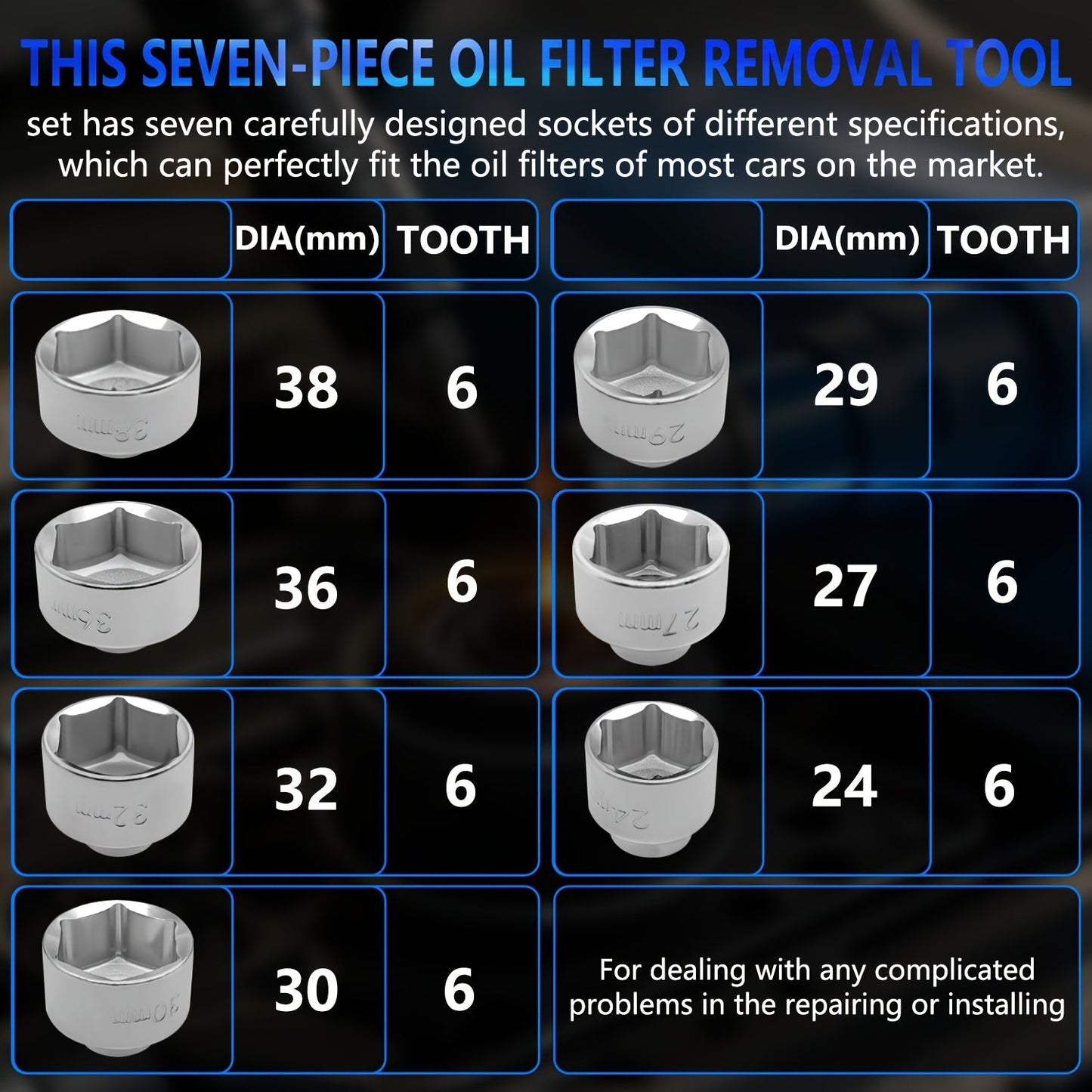 7-Piece Oil Filter Socket Wrench Set 3/8" Drive CR-V Steel 24mm 27mm 29mm 30mm 32mm 36mm 38mm - Universal Oil Filter Removal Tool Kit for Car Oil Changes
