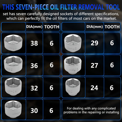 7-Piece Oil Filter Socket Wrench Set 3/8" Drive CR-V Steel 24mm 27mm 29mm 30mm 32mm 36mm 38mm - Universal Oil Filter Removal Tool Kit for Car Oil Changes