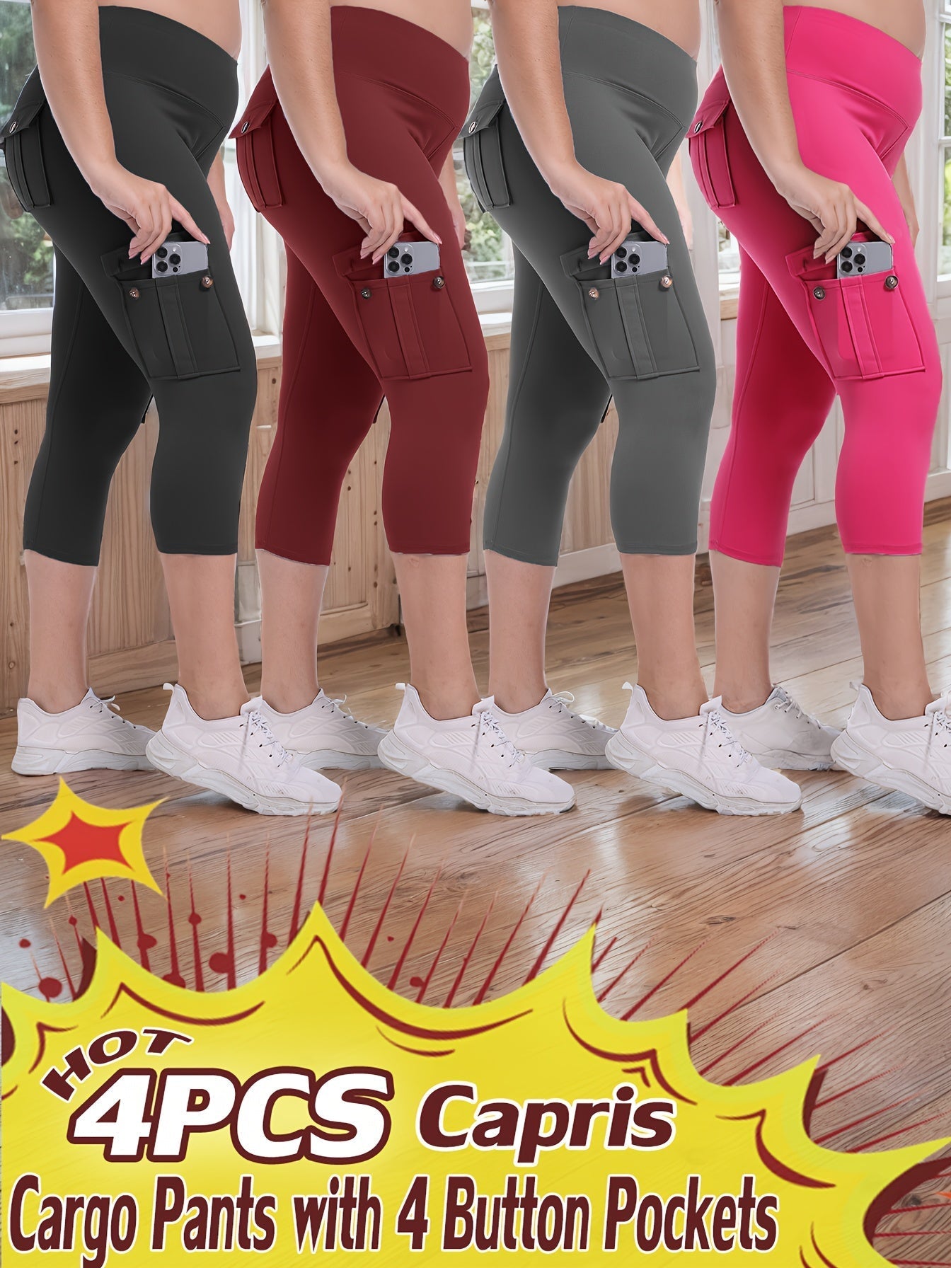 Women's High Waist Yoga Capri Pants 4-Pack 4-Way Stretch Butt Lifting Tummy Control 4 Pockets - Workout Running Sports Leggings S-XXL All Season