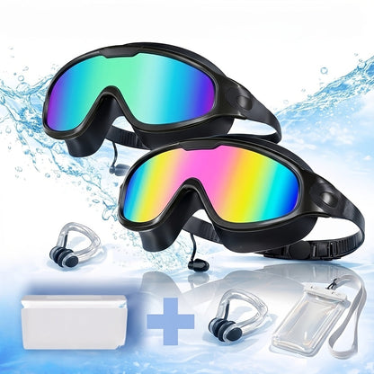 Anti-Fog Swim Goggles 2-Pack with Earplugs, Nose Clip & Waterproof Bag – UV Protection Swimming Goggles for Men, Women & Teens, Outdoor Pool & Water Sports Accessories Kit