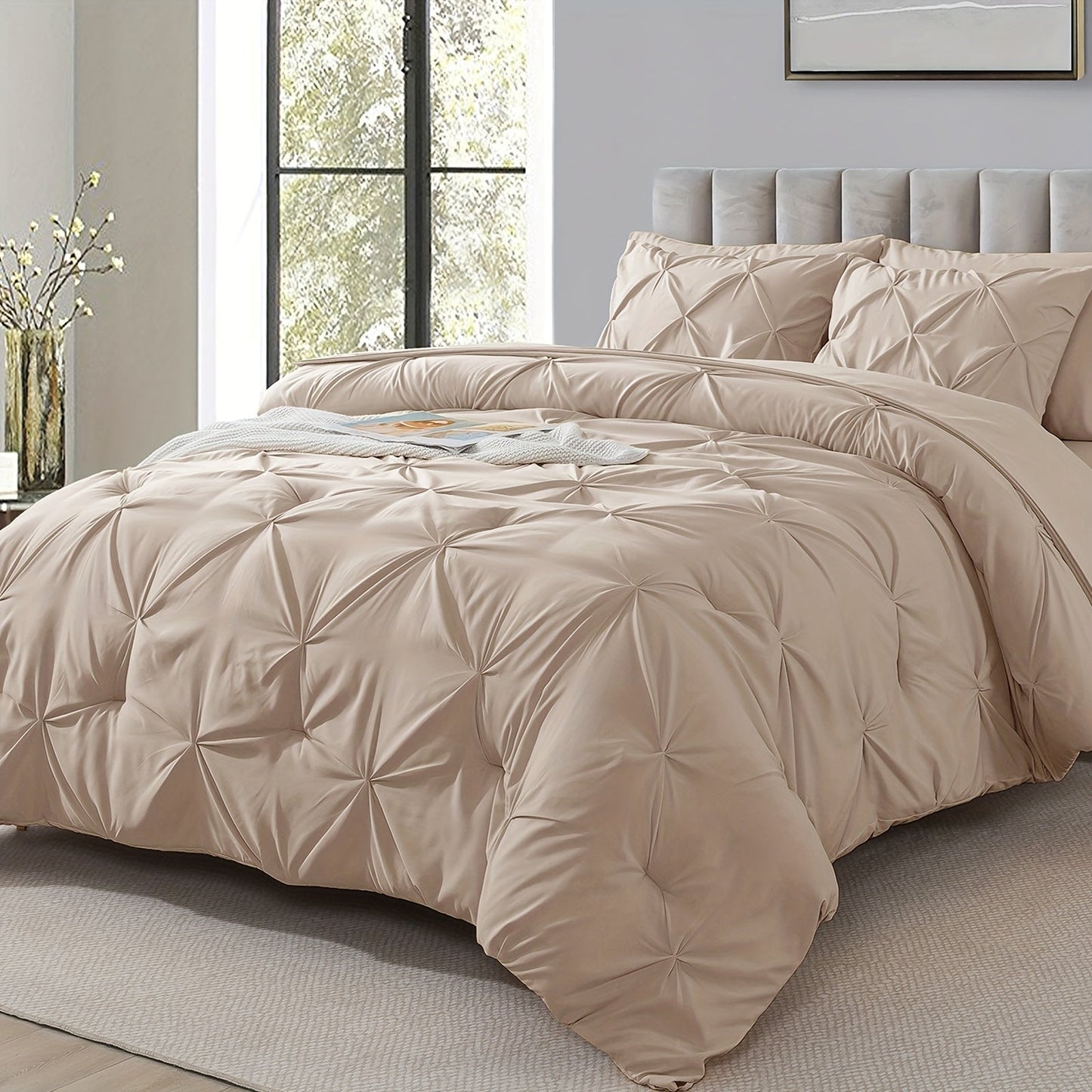 Comforter Set 7 Piece Queen King Full - Soft Microfiber Pintuck Pleated Bed in a Bag Complete Bedding Set with Comforter, Fitted Sheet, Flat Sheet & Pillowcases, All Season Home & Dorm Bedding