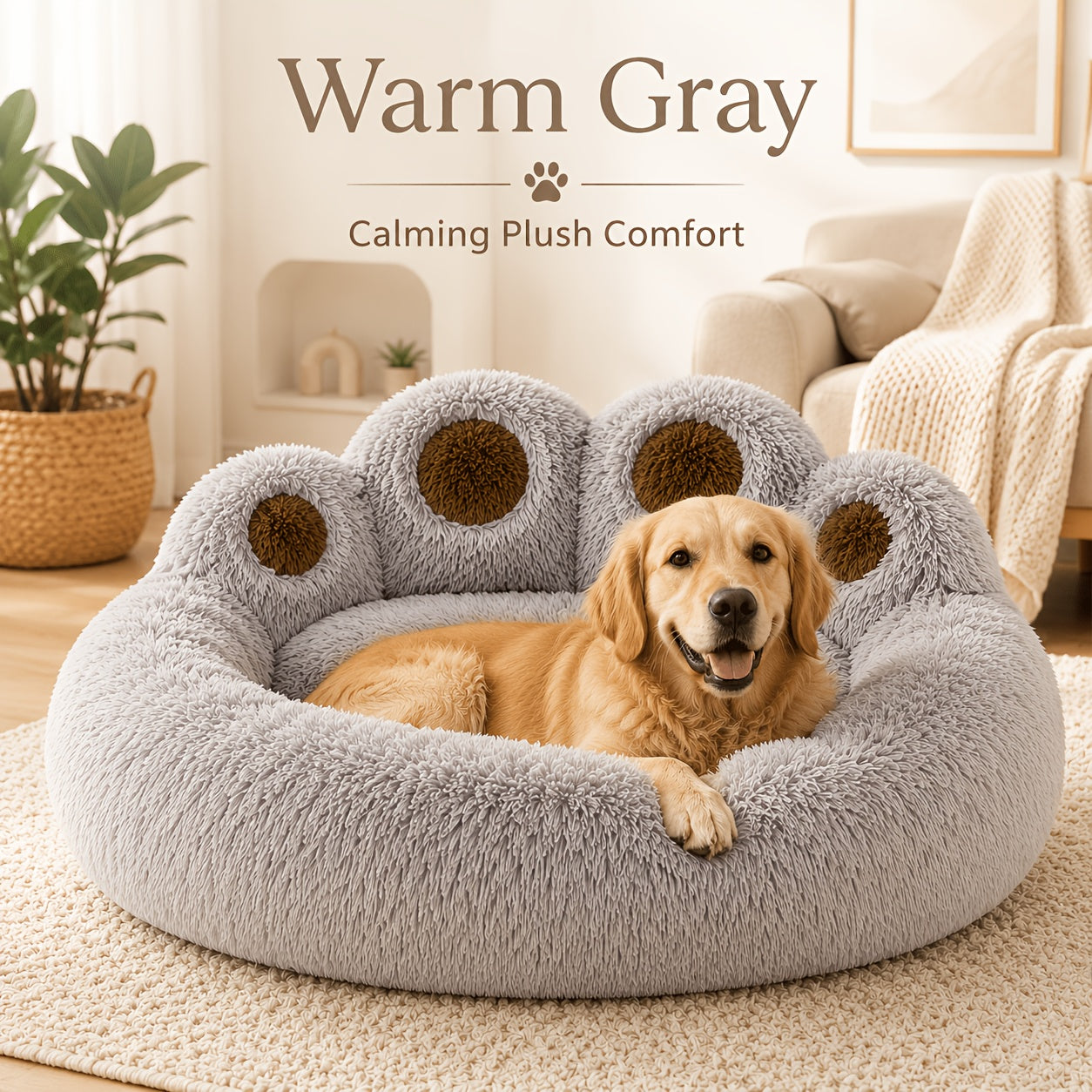 Bear Paw Plush Round Pet Bed for Dogs & Cats – Soft Calming Dog Bed, Non-Slip Cat Bed, Warm Cozy Puppy Bed, Small Medium Large, 20/24/28/36 Inch, Coffee/Pink/Gray