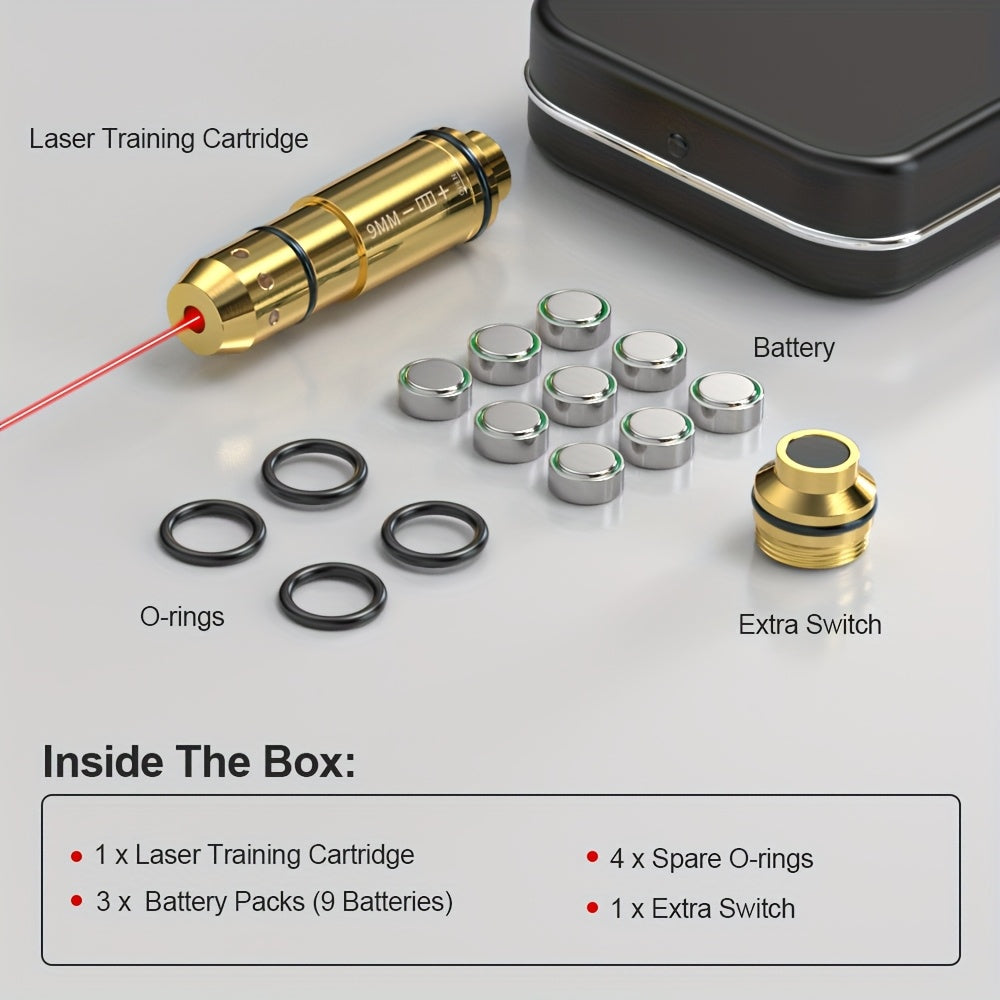Dry Fire Laser Training Cartridge Multi-Caliber – 9mm / 45ACP / .223Rem Laser Bullet for Dry Fire Training System & Bore Sighter, Durable Copper, Class IIIA 650nm, 9 Batteries Included – Shooting Gift for Men