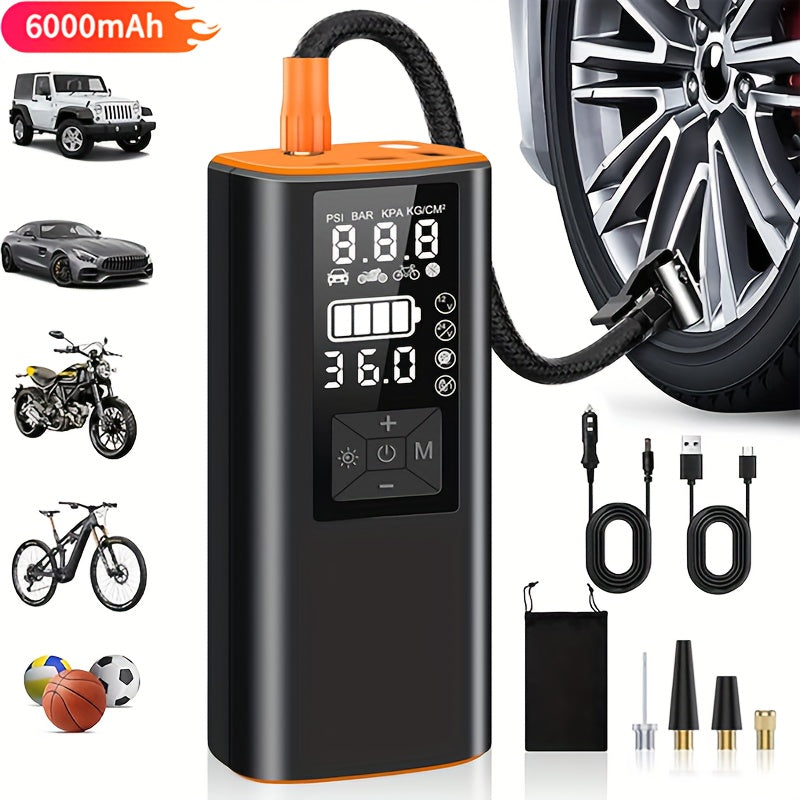 Portable Tire Inflator 150 PSI Wireless Air Compressor – Digital Pressure Gauge, Auto Shut-Off, LED Light, Dual Power 6000mAh Battery + 12V Cord, 4 Preset Modes for Car Motorcycle Bike Ball