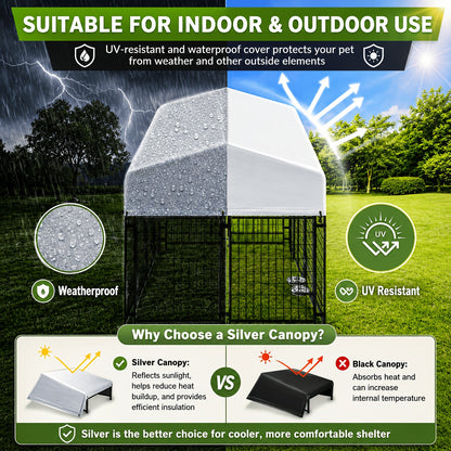 Large Dog Enclosure Outdoor Heavy Duty Welded Wire Steel Dog Playpen with UV-Resistant Roof Cover, Secure Lock Pet Pen Fence for Big Dogs Outside Exercise Play Area