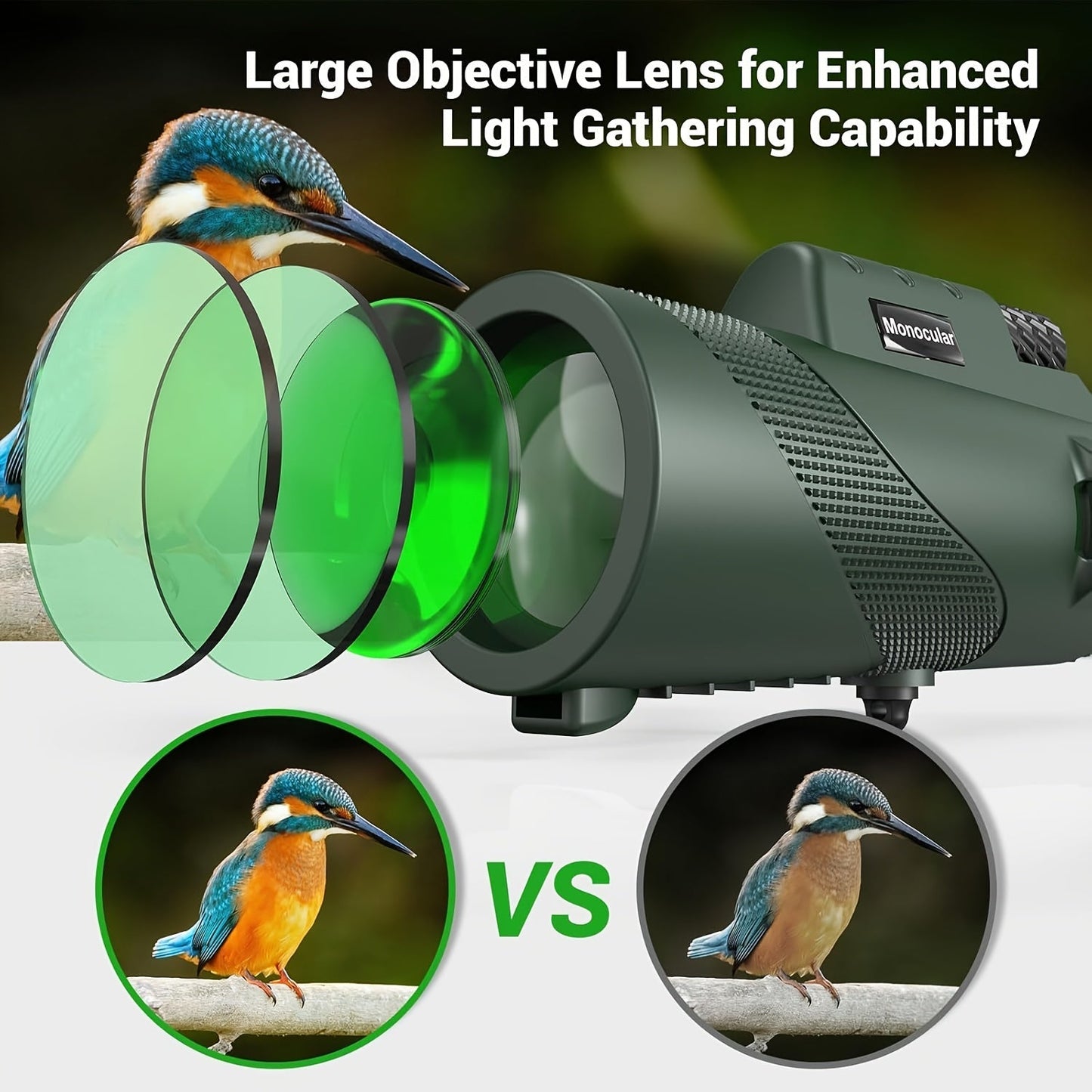 10x42 HD Monocular Telescope with Phone Adapter & Tripod – FMC Lens Compact Scope for Bird Watching, Wildlife, Hiking, Camping, Concerts & Sports – Black & Green, Christmas Gift