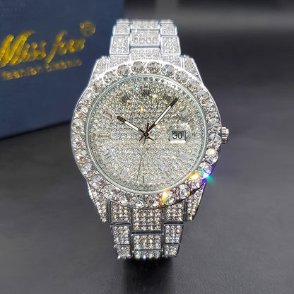 Men's Iced Rhinestone Quartz Watch Classic Business Fashion Wrist Watch with Date Display Zinc Alloy Strap Silver Gold Luxury Style Gift for Him