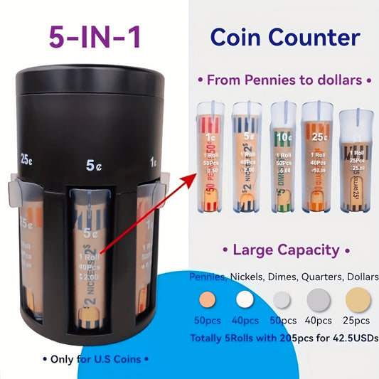 5-in-1 Coin Counter and Sorter with Rotatable Base US Coins Change Organizer Sorts Pennies Nickels Dimes Quarters for Home Office Bank Piggy Bank